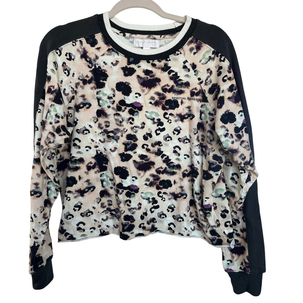 SPIRITUAL GANGSTER Evereve Leopard Crewneck Sweatshirt Size Small Raw Hem